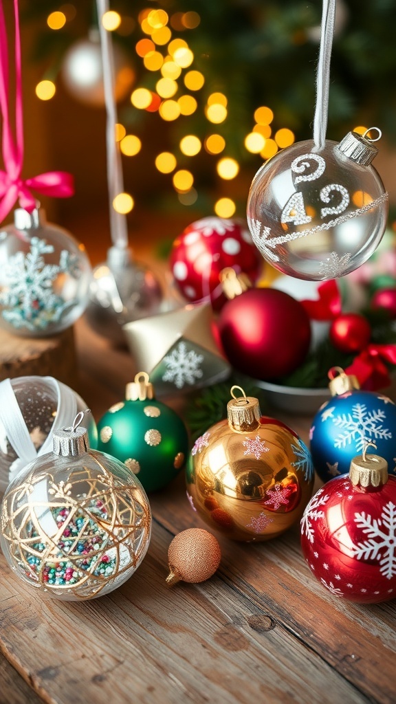 Colorful DIY Christmas ball ornaments displayed on a wooden table with fairy lights.